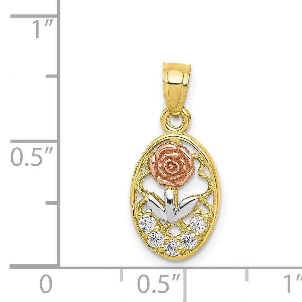 10K Two Tone Gold C.Z Rose Charm Pendant