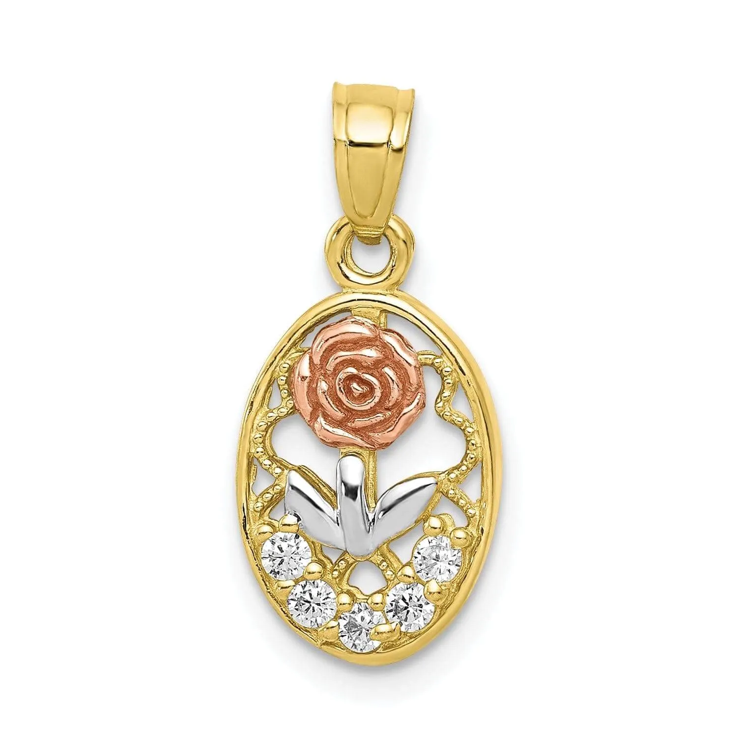 10K Two Tone Gold C.Z Rose Charm Pendant