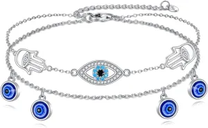 925 Sterling Silver Cat Butterfly Anklets Double Layered Chain for Birthday Women Ankle Bracelet Summer Beach Dainty Jewelry
