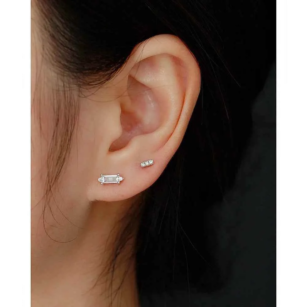 925 Sterling Silver Stud Earrings Charm Jewelry - Three Mini Zircon Stacked - YH0328