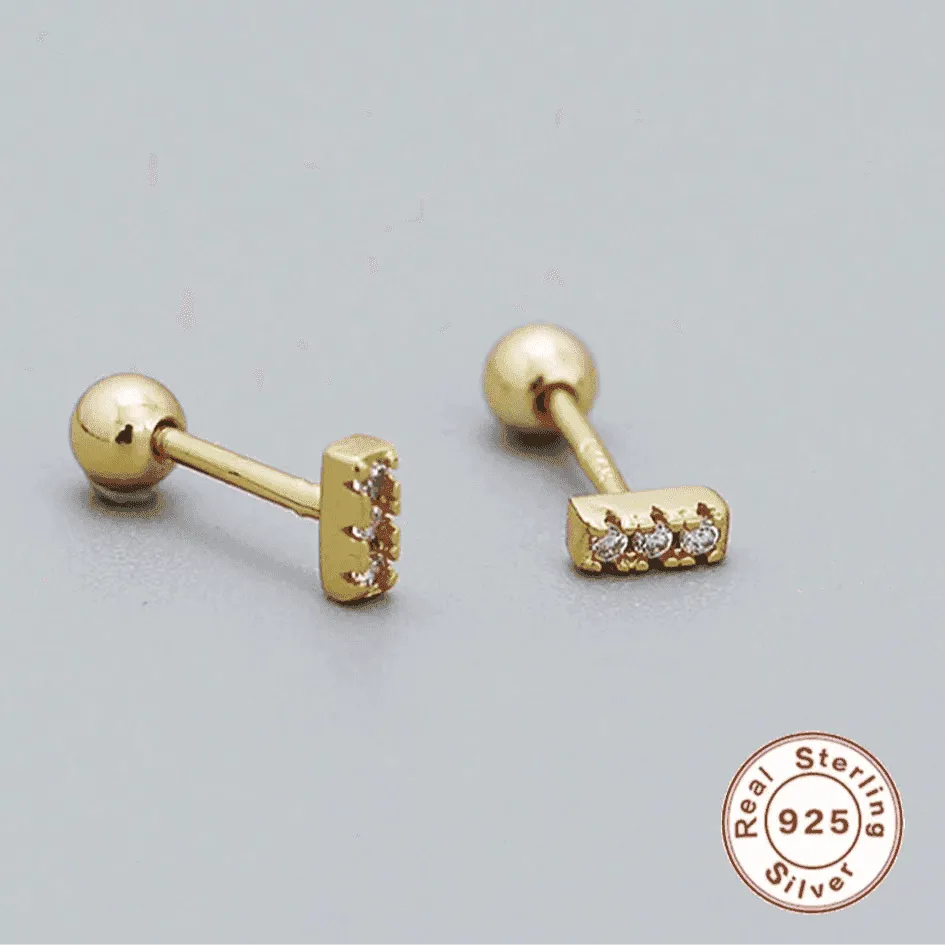 925 Sterling Silver Stud Earrings Charm Jewelry - Three Mini Zircon Stacked - YH0328