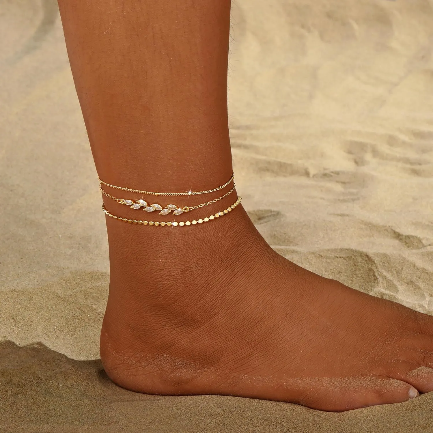 Anklets for Women 14K Gold/Silver Plated Adjustable Anklet Bracelets for Women Set Waterproof Layered Foot Ankle Bracelets Stack Non Tarnish Summer Beach Jewelry Gift for Her