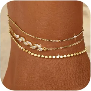 Anklets for Women 14K Gold/Silver Plated Adjustable Anklet Bracelets for Women Set Waterproof Layered Foot Ankle Bracelets Stack Non Tarnish Summer Beach Jewelry Gift for Her
