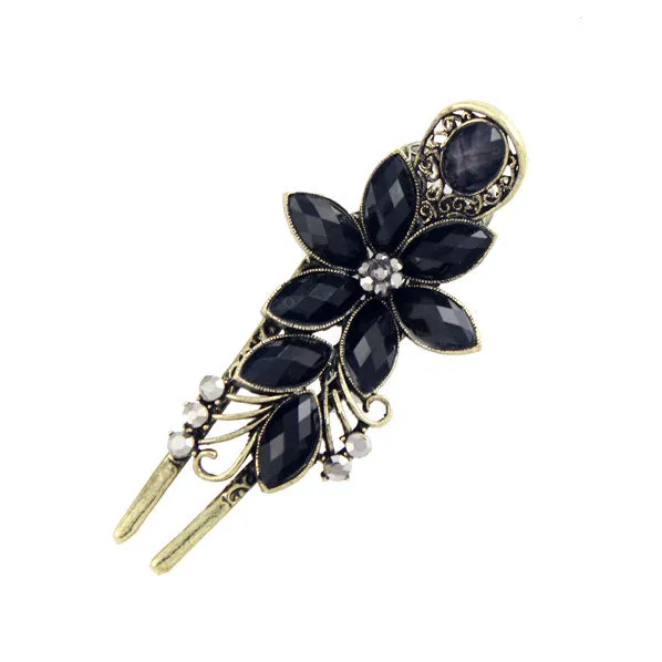 Antique Brass Rhinestone Floral Hinged Hair Claw Clip Fork