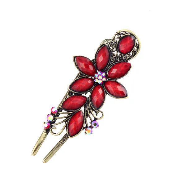 Antique Brass Rhinestone Floral Hinged Hair Claw Clip Fork