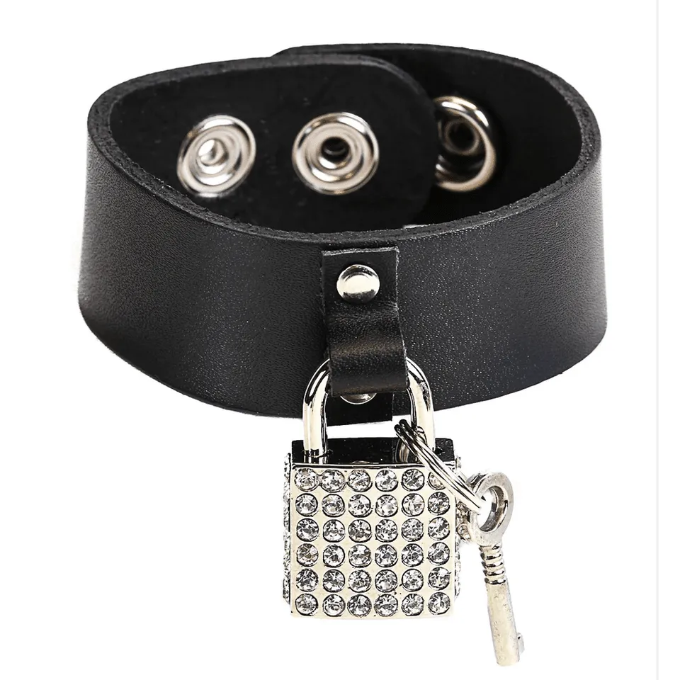 Black Leather Snap Bracelet with Rhinestone Lock