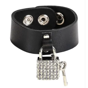 Black Leather Snap Bracelet with Rhinestone Lock