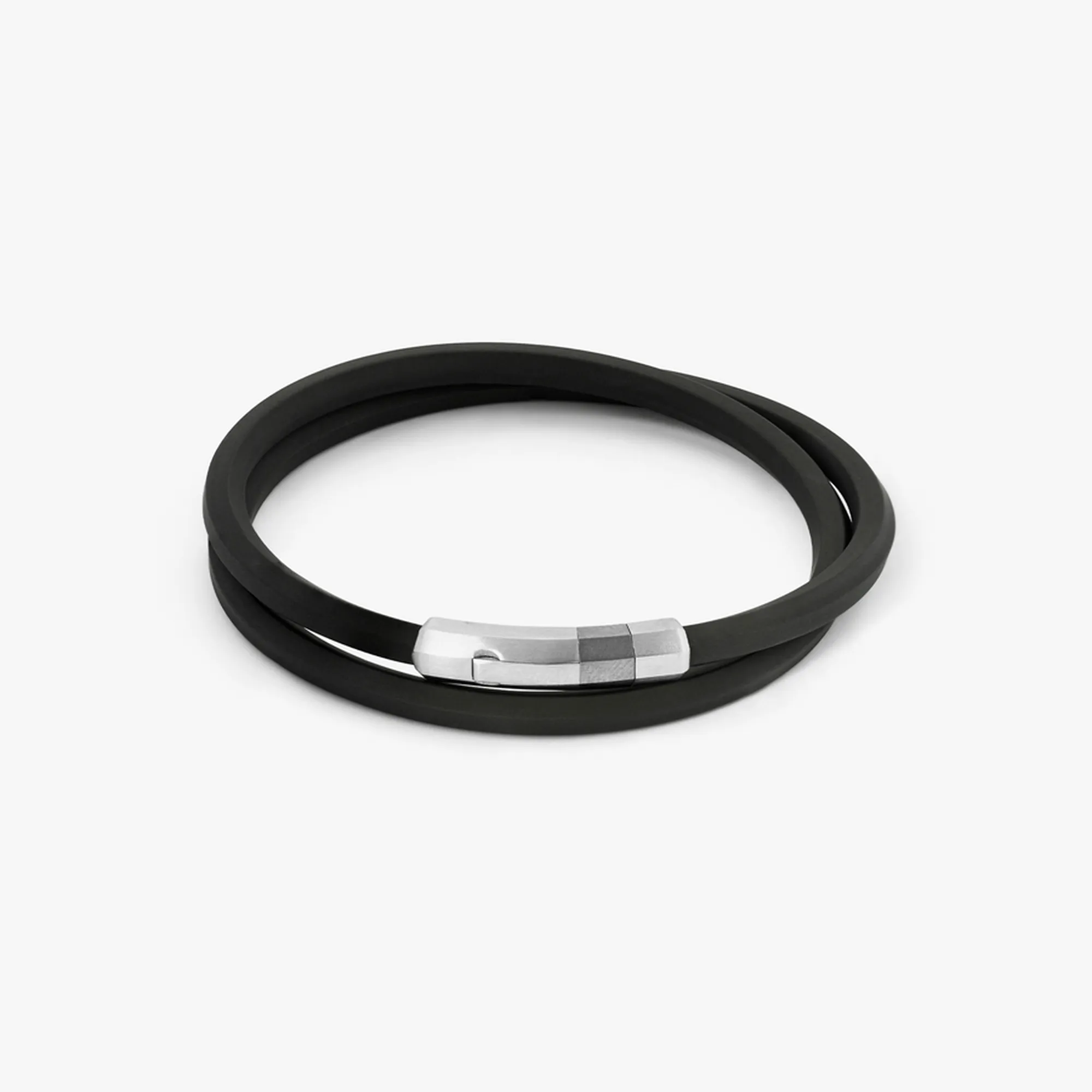 Black Rubber Octagon Click Bracelet with Rhodium-Plated Sterling Silver