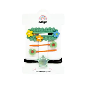 Born Like A Star Set of 3 Tic Tac Hair Clips, Hair Pins and Rubberband- Green and Orange (3-8 Years)