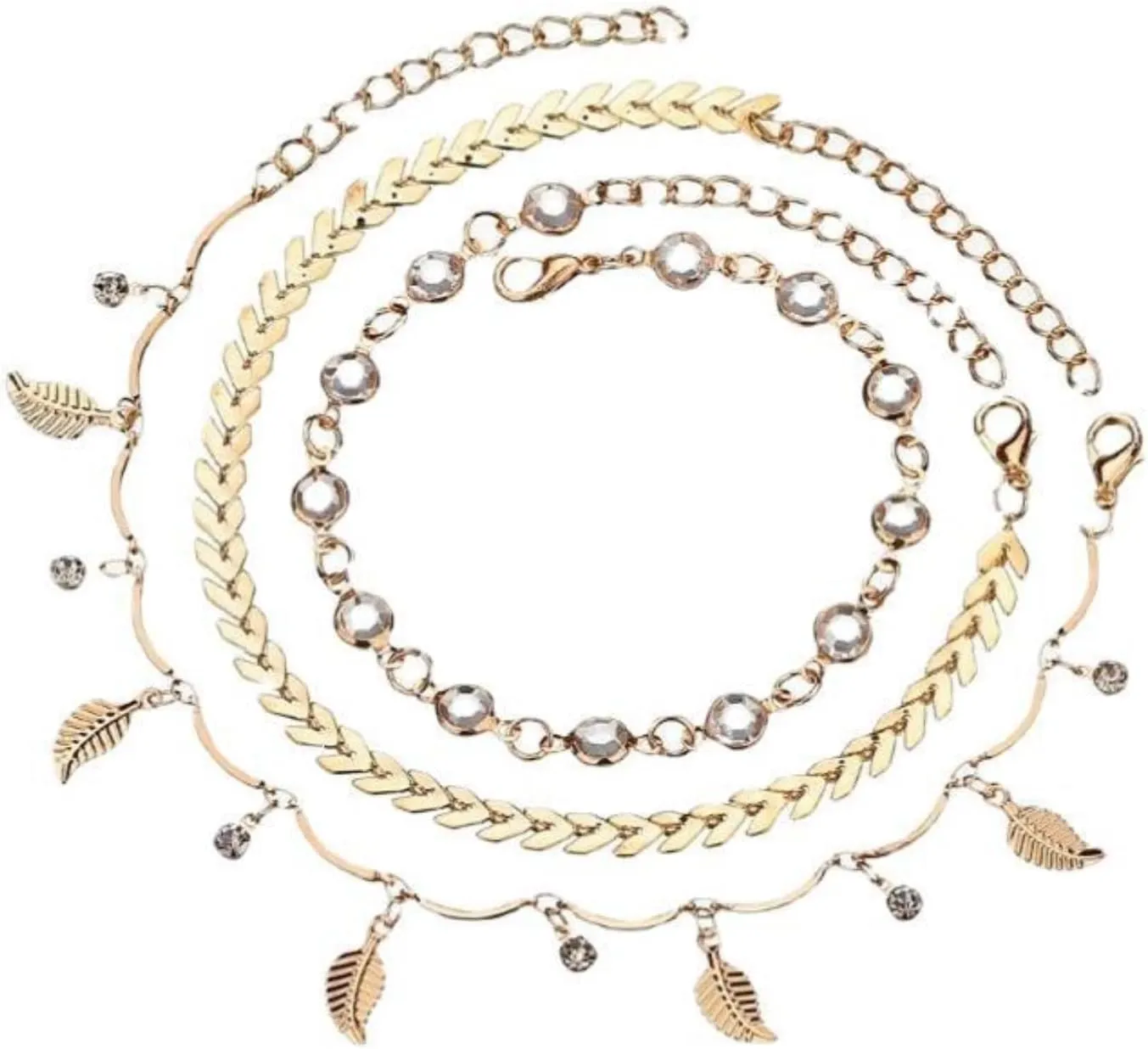 Charm Gold Layered Cubic Zirconia Anklet Bracelet for Women Teen Girls, Dainty Adjustable Leaf Anklet Minimalist Foot Jewelry