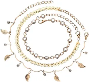 Charm Gold Layered Cubic Zirconia Anklet Bracelet for Women Teen Girls, Dainty Adjustable Leaf Anklet Minimalist Foot Jewelry