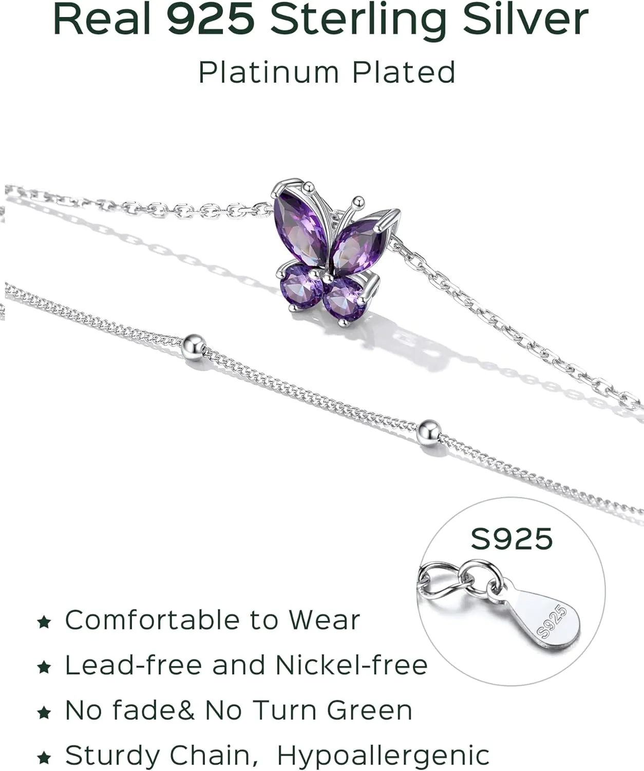 ChicSilver 925 Sterling Silver Anklets for Women Sparkling Birthstone Ankle Bracelets for Women Layered Butterfly Anklet With Beaded Anklets for Women With Gift Box