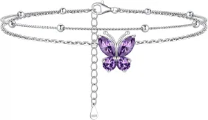 ChicSilver 925 Sterling Silver Anklets for Women Sparkling Birthstone Ankle Bracelets for Women Layered Butterfly Anklet With Beaded Anklets for Women With Gift Box
