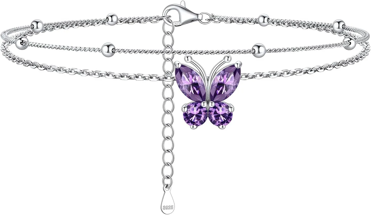 ChicSilver 925 Sterling Silver Anklets for Women Sparkling Birthstone Ankle Bracelets for Women Layered Butterfly Anklet With Beaded Anklets for Women With Gift Box