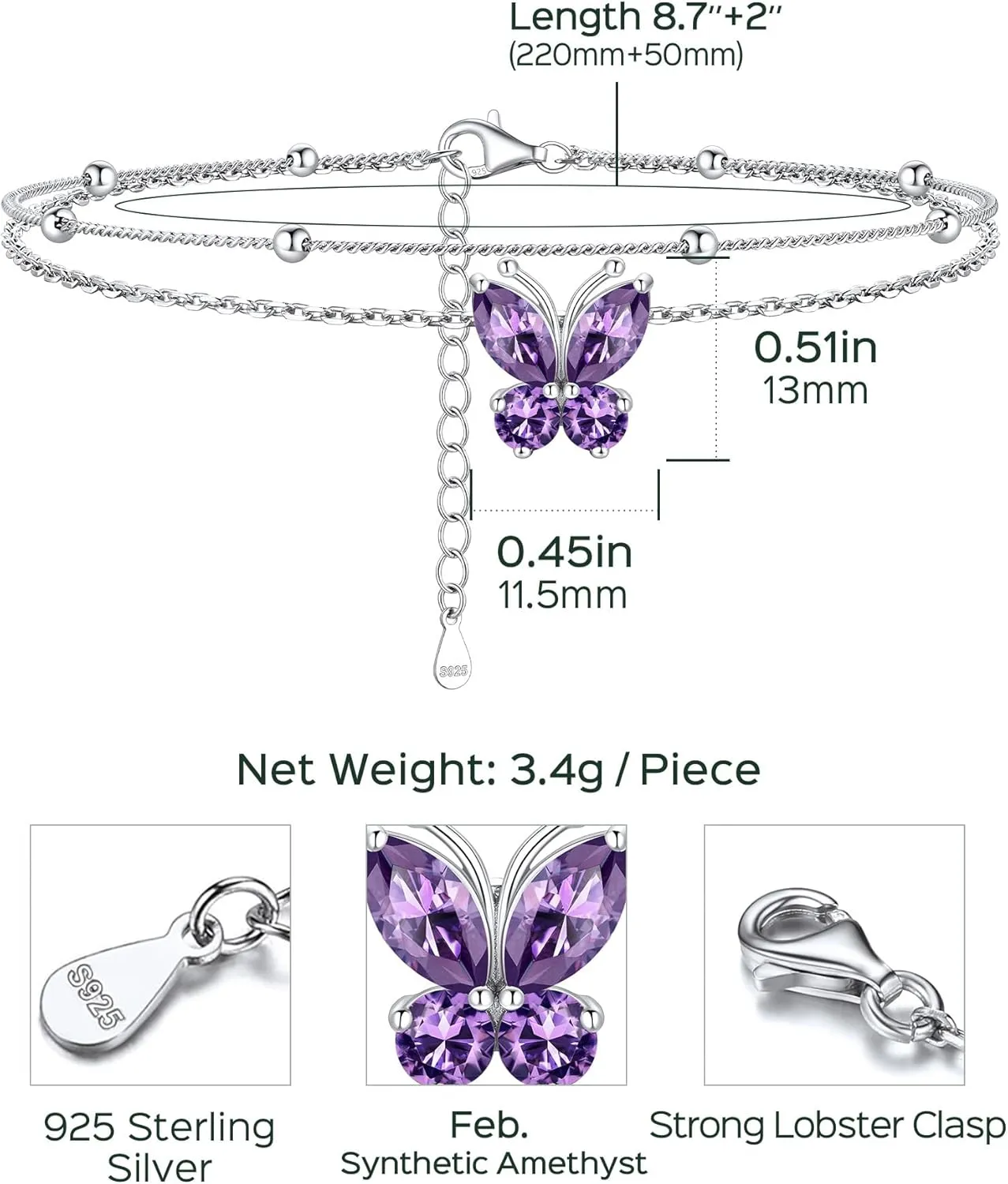 ChicSilver 925 Sterling Silver Anklets for Women Sparkling Birthstone Ankle Bracelets for Women Layered Butterfly Anklet With Beaded Anklets for Women With Gift Box