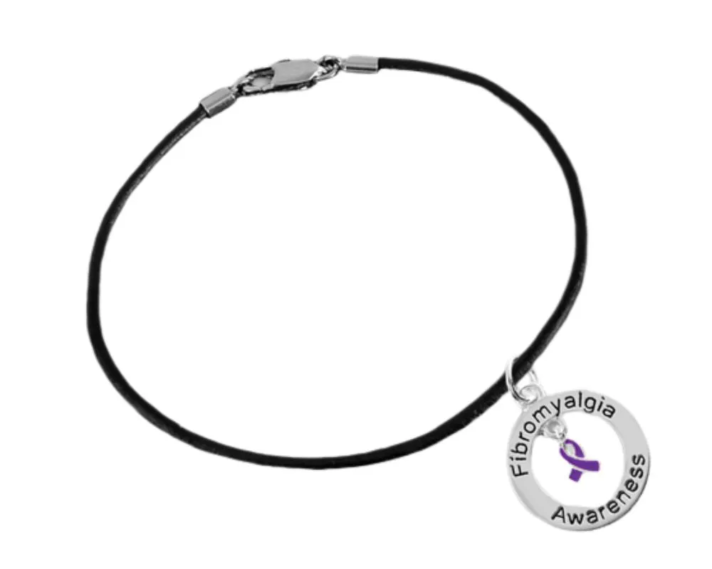 Fibromyalgia Awareness Black Leather Cord Bracelets