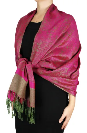 Fuchsia and Green Peach Couture Elegant Vintage Two Color Jacquard Paisley Pashmina Shawl Wrap