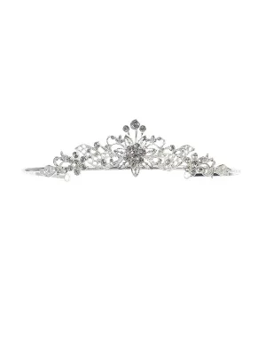 Girls Silver Tone Crystal Adorned Center Floral Accent Flower Girl Pageant Tiara