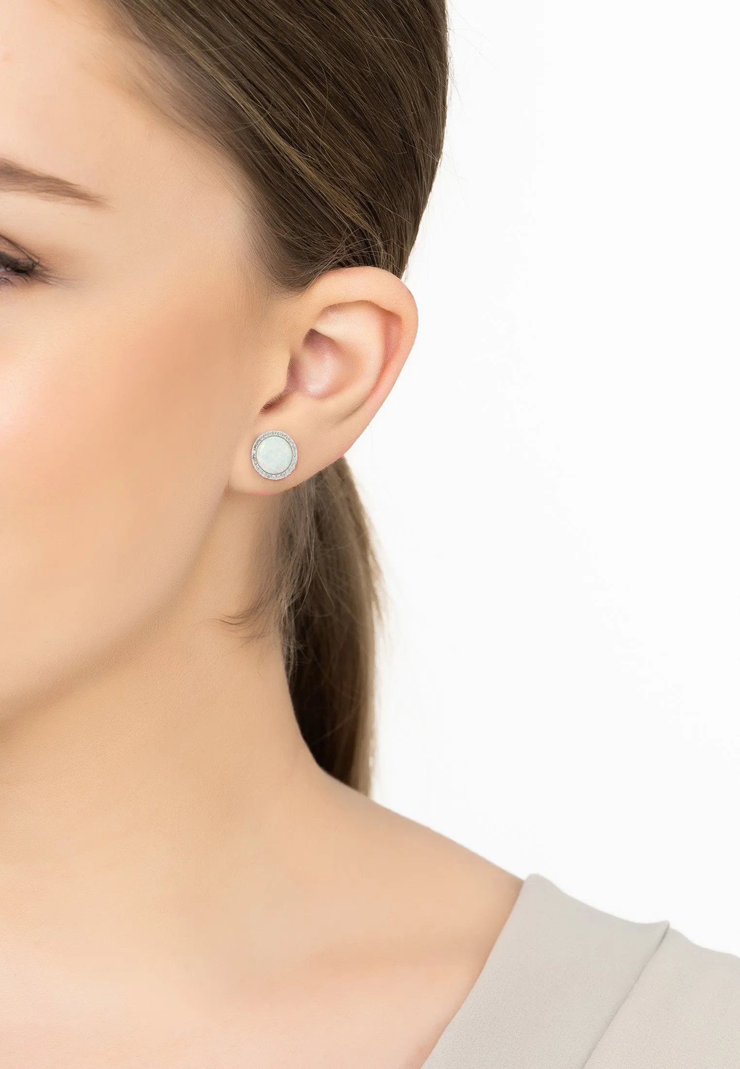 Large Sparkling Halo Opal Stud Earrings Silver
