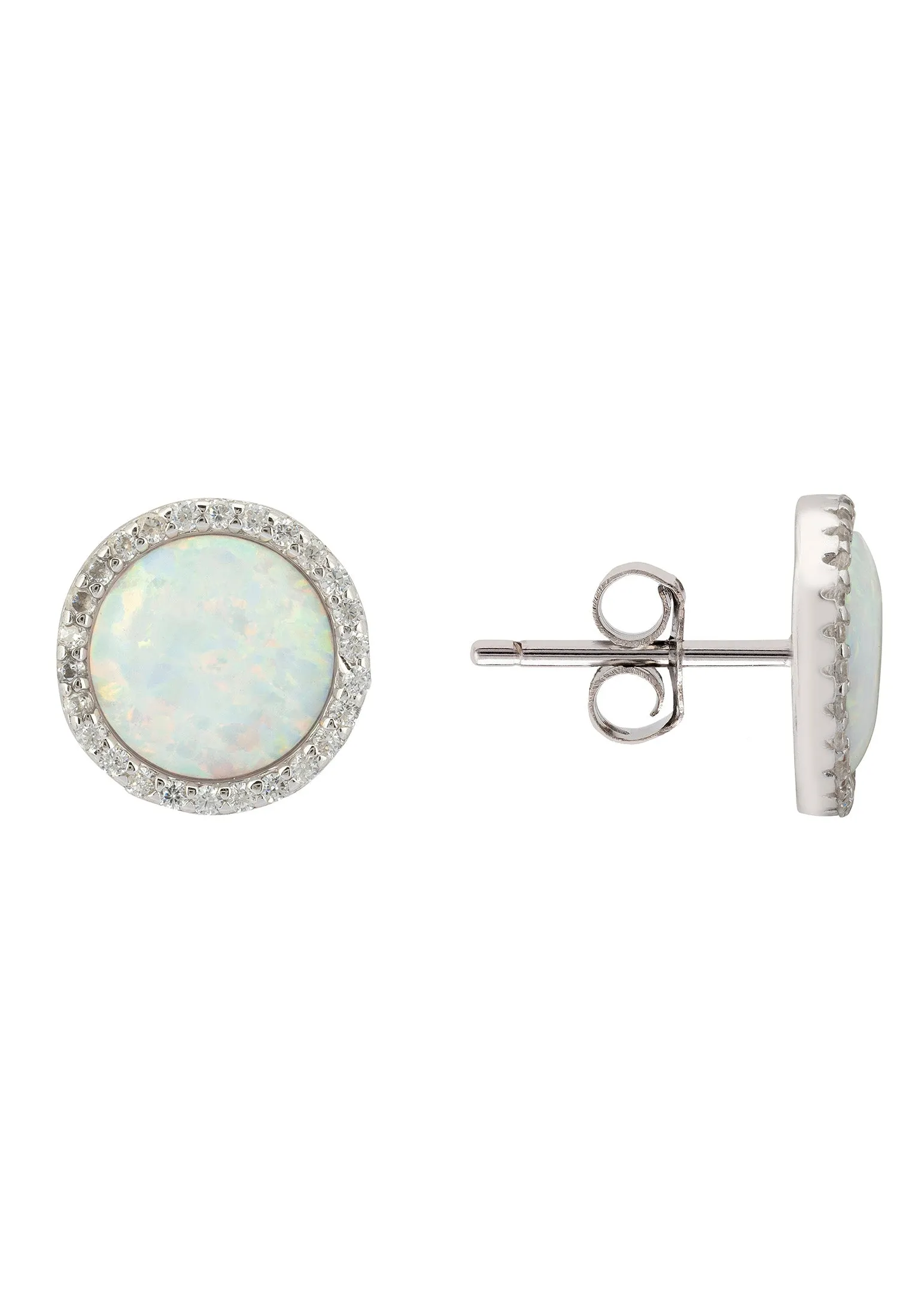 Large Sparkling Halo Opal Stud Earrings Silver