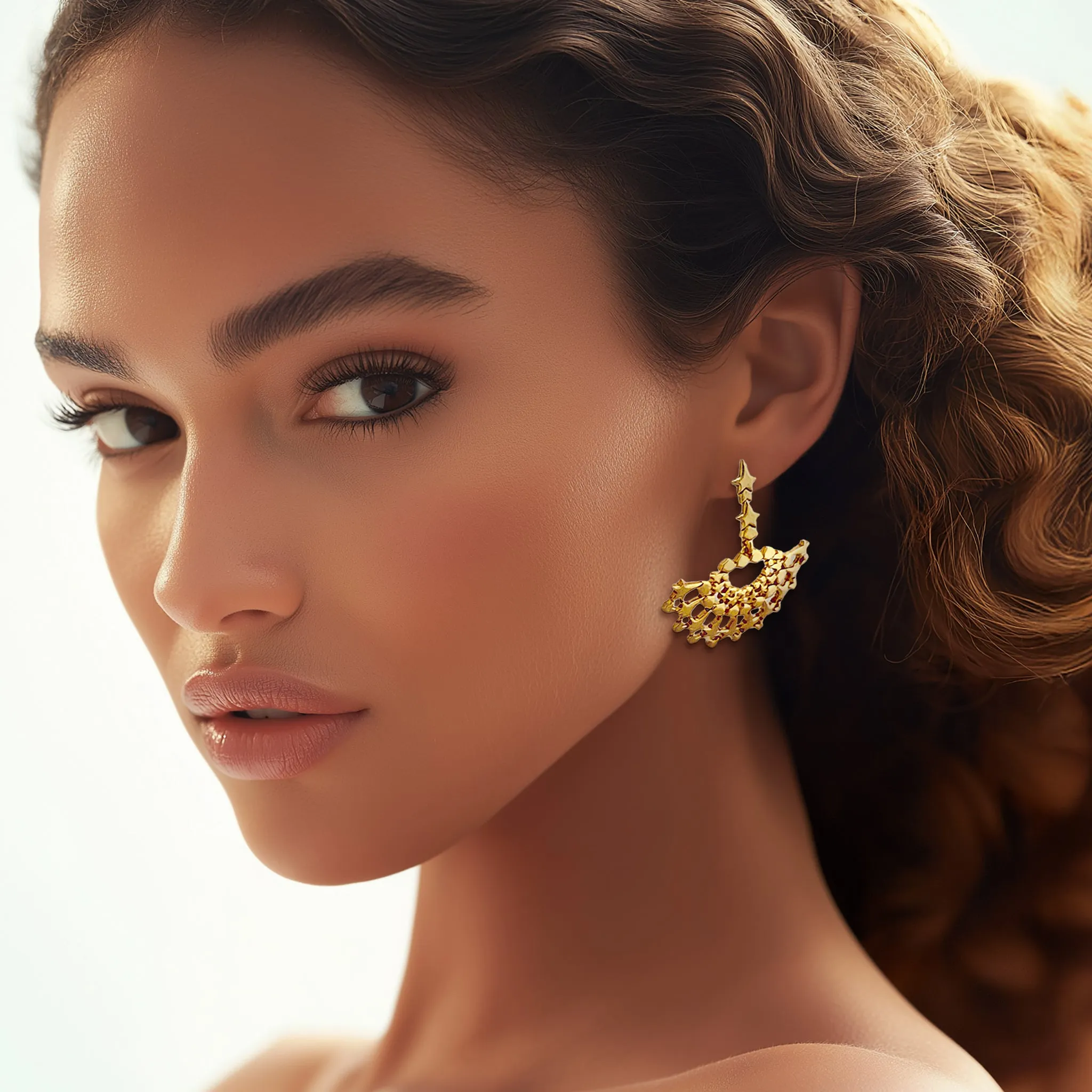 Oscar de la Renta Gold Star Post Earrings with Movable Fan Design, Celestial Style