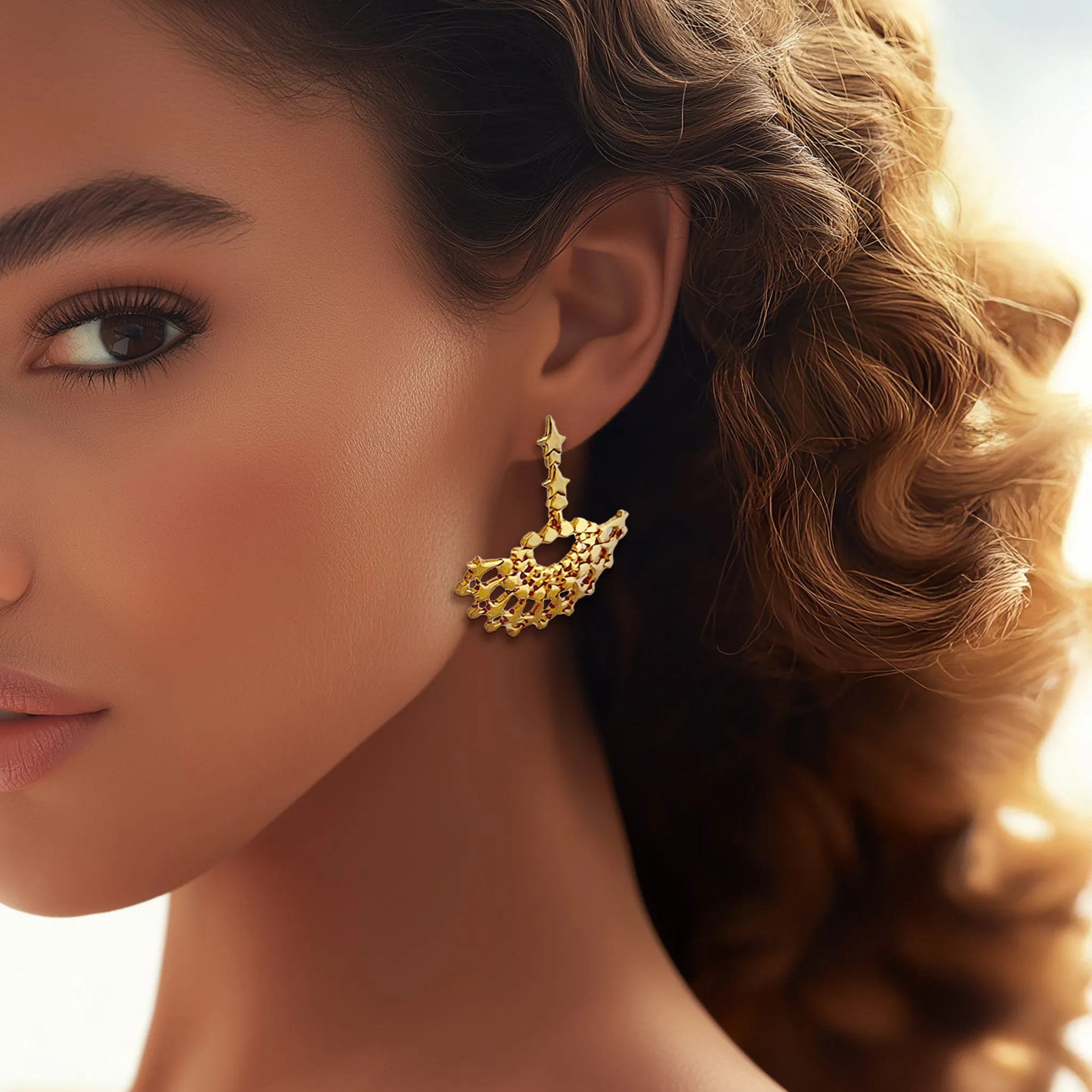 Oscar de la Renta Gold Star Post Earrings with Movable Fan Design, Celestial Style