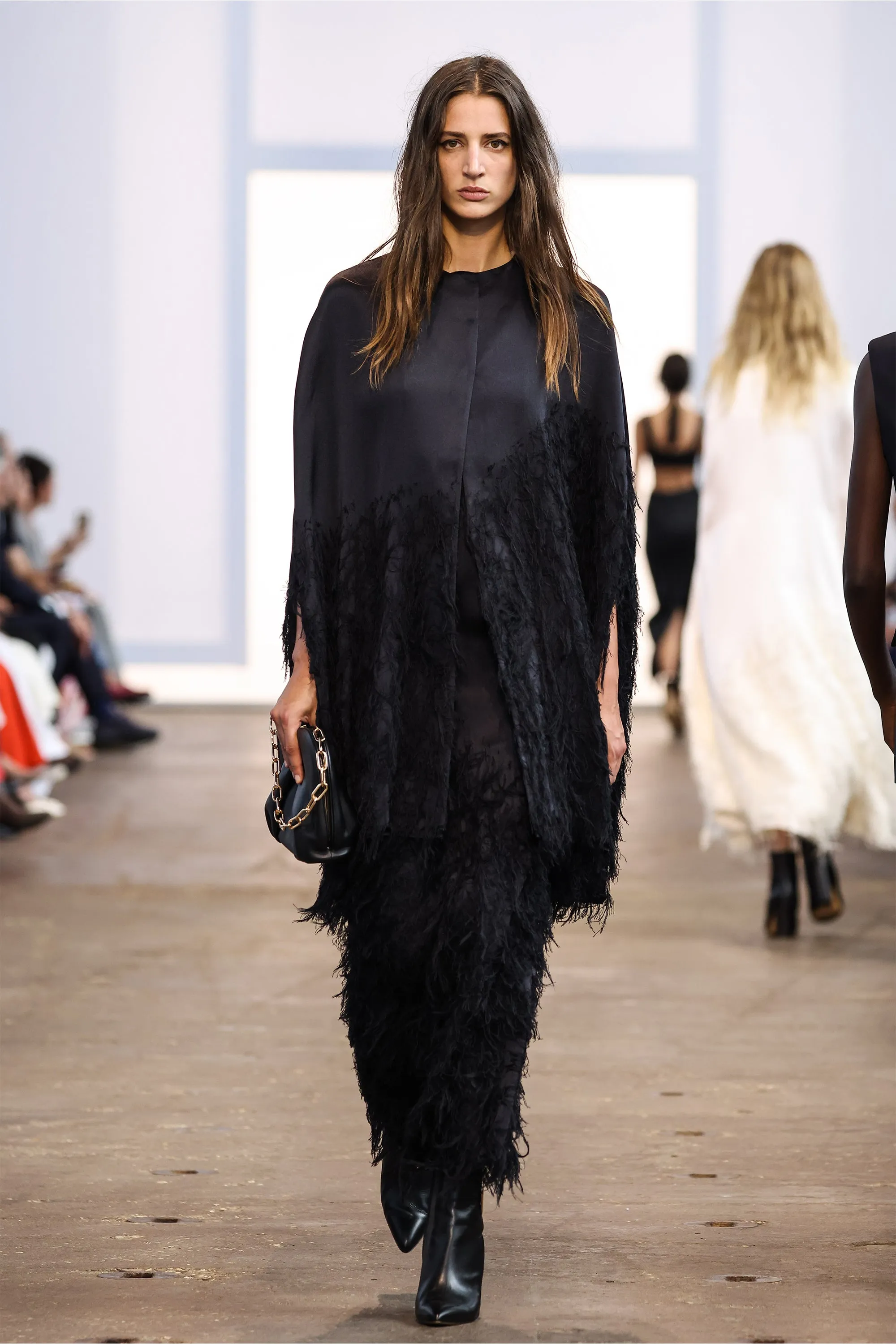 Pauli Feather Cape in Black Silk Satin