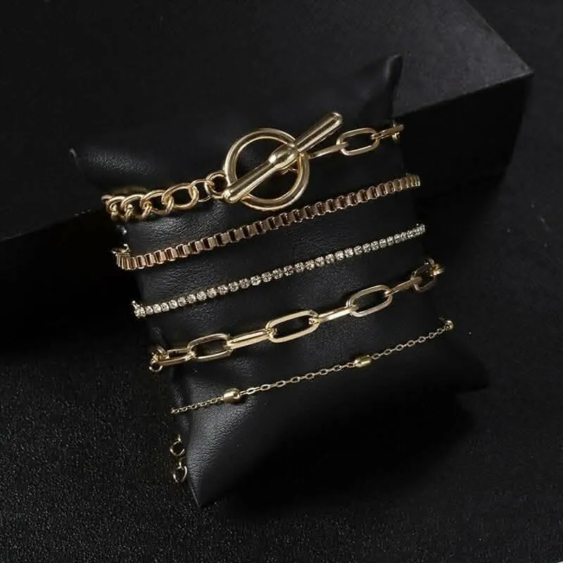 Pinapes 5pcs/set Trendy Gold Color Punk Style Chain Bracelet Female Personality Lock Crystal Exquisite Bracelets Jewelry