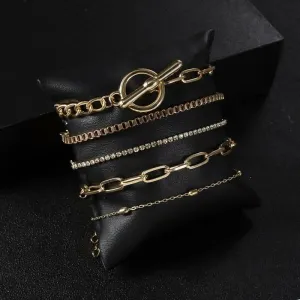 Pinapes 5pcs/set Trendy Gold Color Punk Style Chain Bracelet Female Personality Lock Crystal Exquisite Bracelets Jewelry