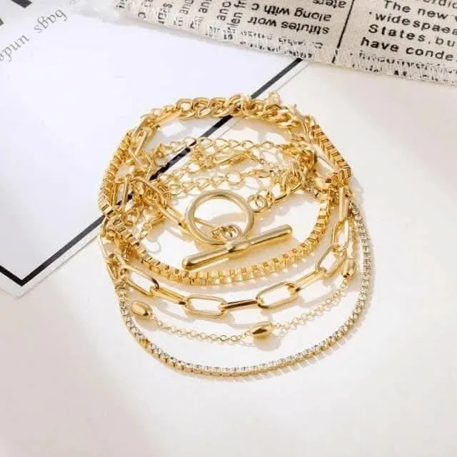 Pinapes 5pcs/set Trendy Gold Color Punk Style Chain Bracelet Female Personality Lock Crystal Exquisite Bracelets Jewelry