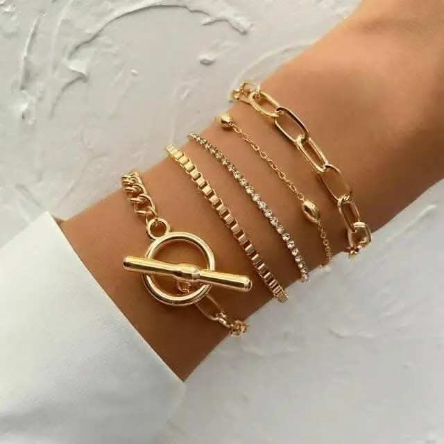 Pinapes 5pcs/set Trendy Gold Color Punk Style Chain Bracelet Female Personality Lock Crystal Exquisite Bracelets Jewelry
