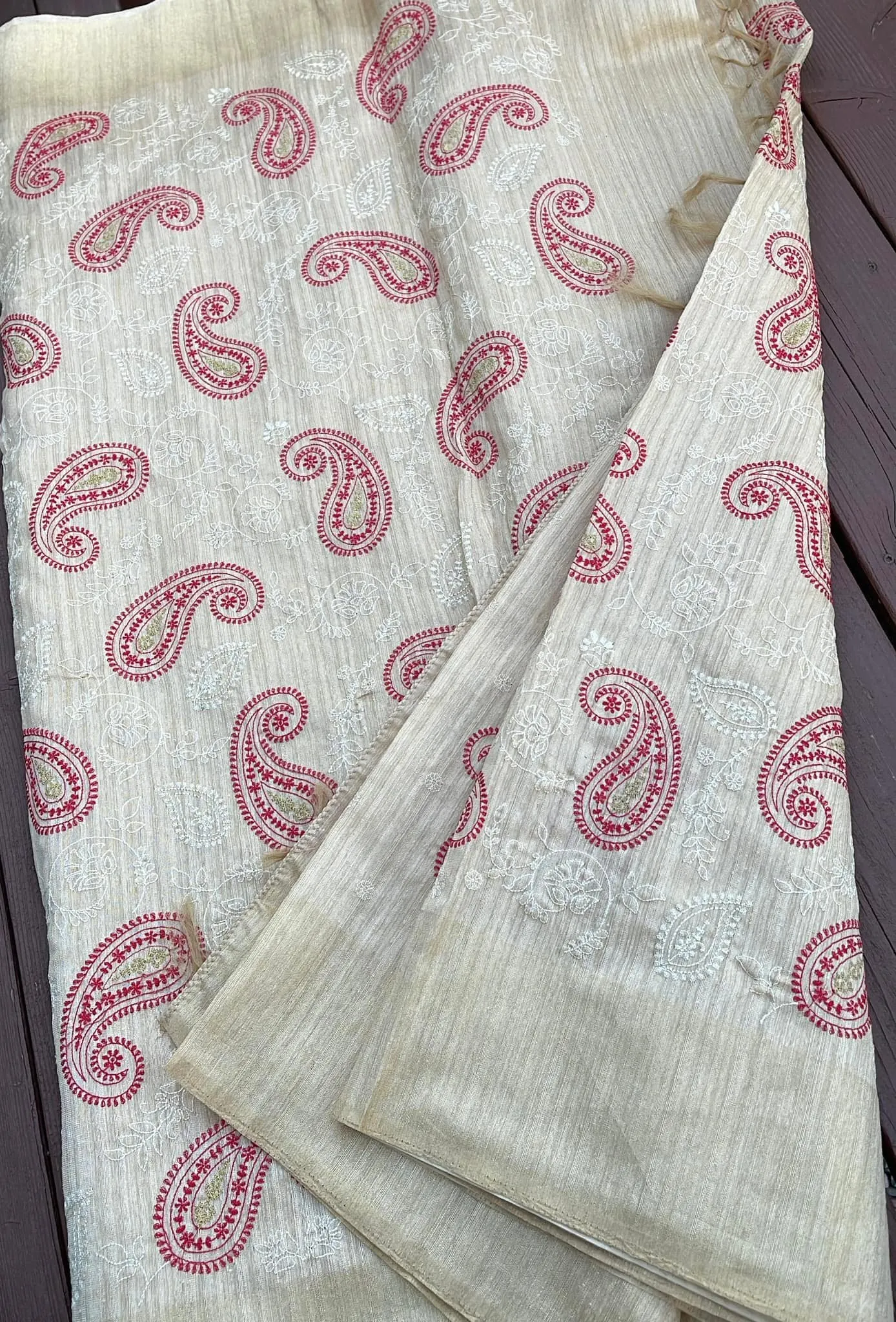 Red Embroidered Handloom Tussar Silk Saree with