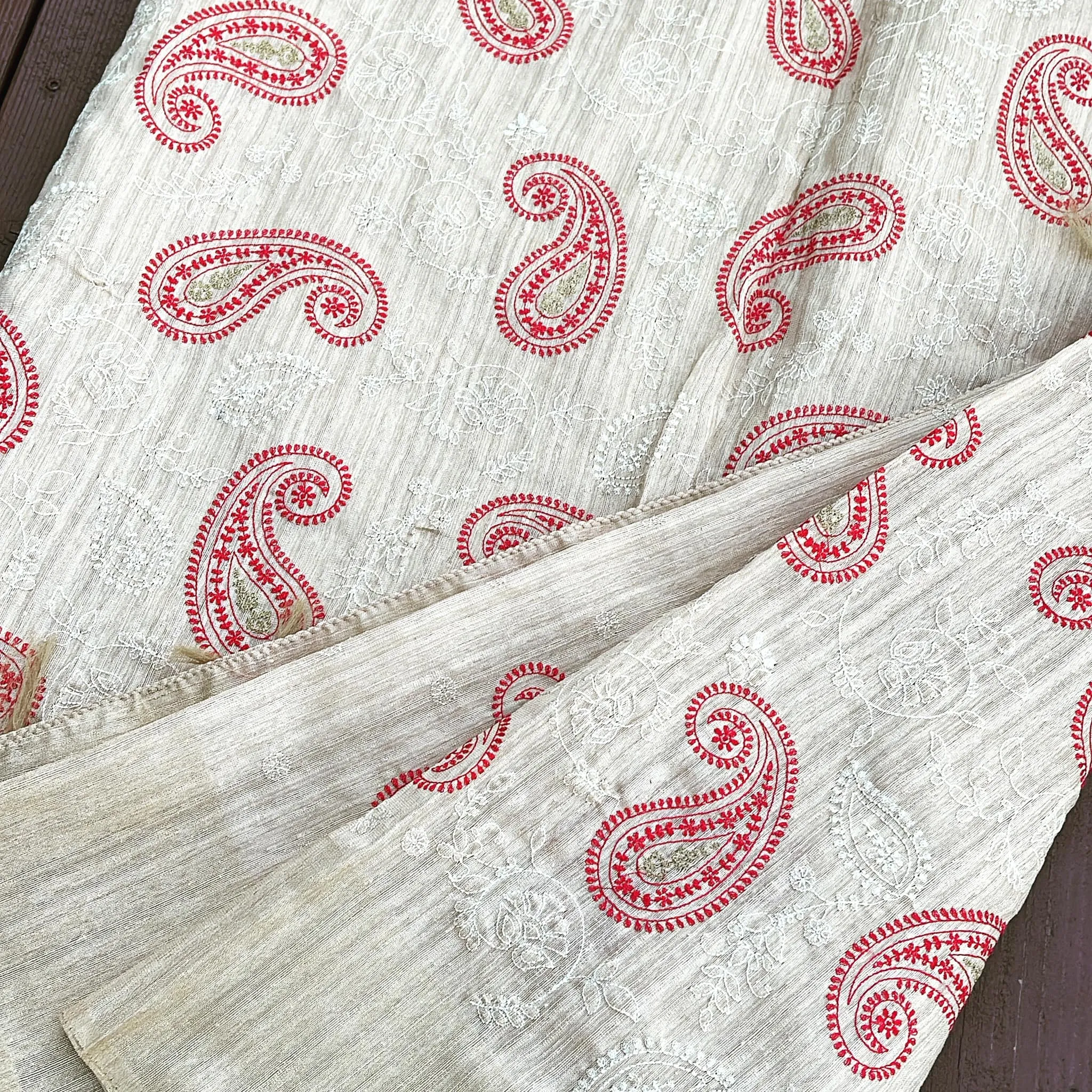 Red Embroidered Handloom Tussar Silk Saree with