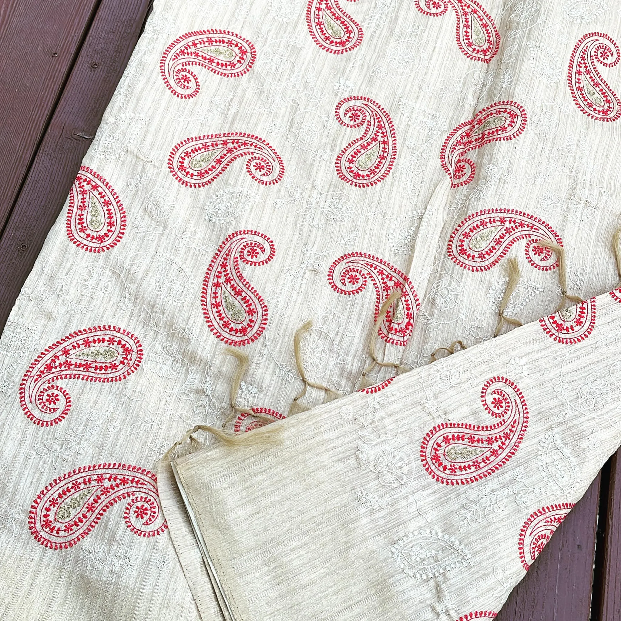 Red Embroidered Handloom Tussar Silk Saree with