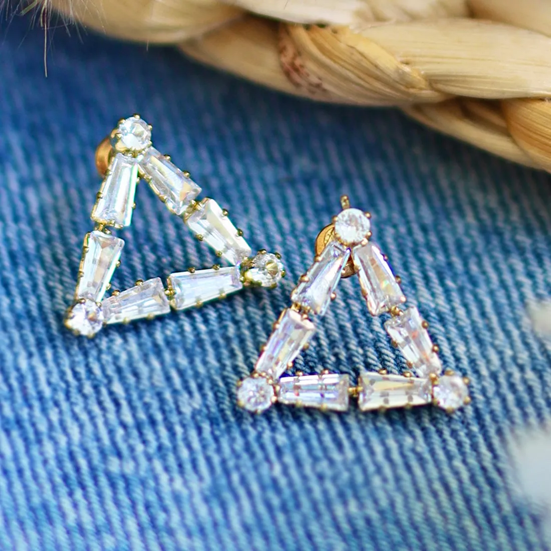 Rhinestone Studded Triangular Gold-Toned Stud Earrings