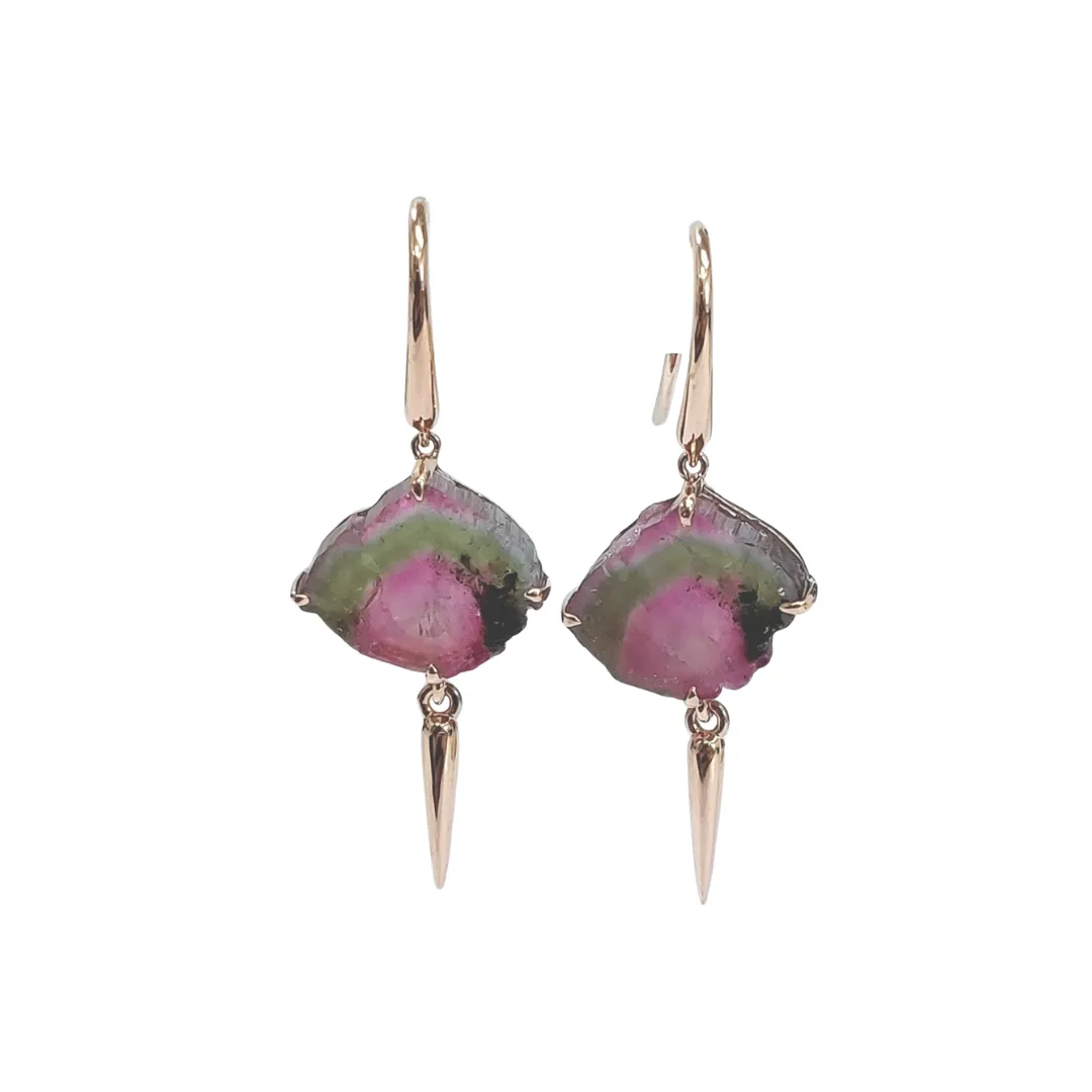 Rose Gold Brazil Watermelon Tourmaline Slice Earrings