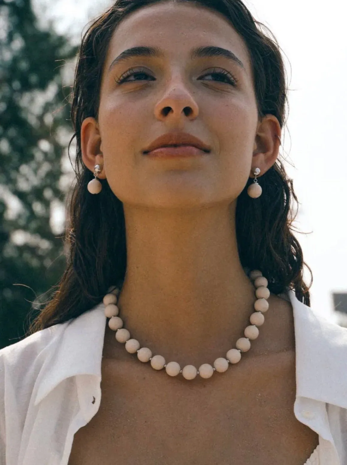 Silver Bead White Fossil Drop Earrings