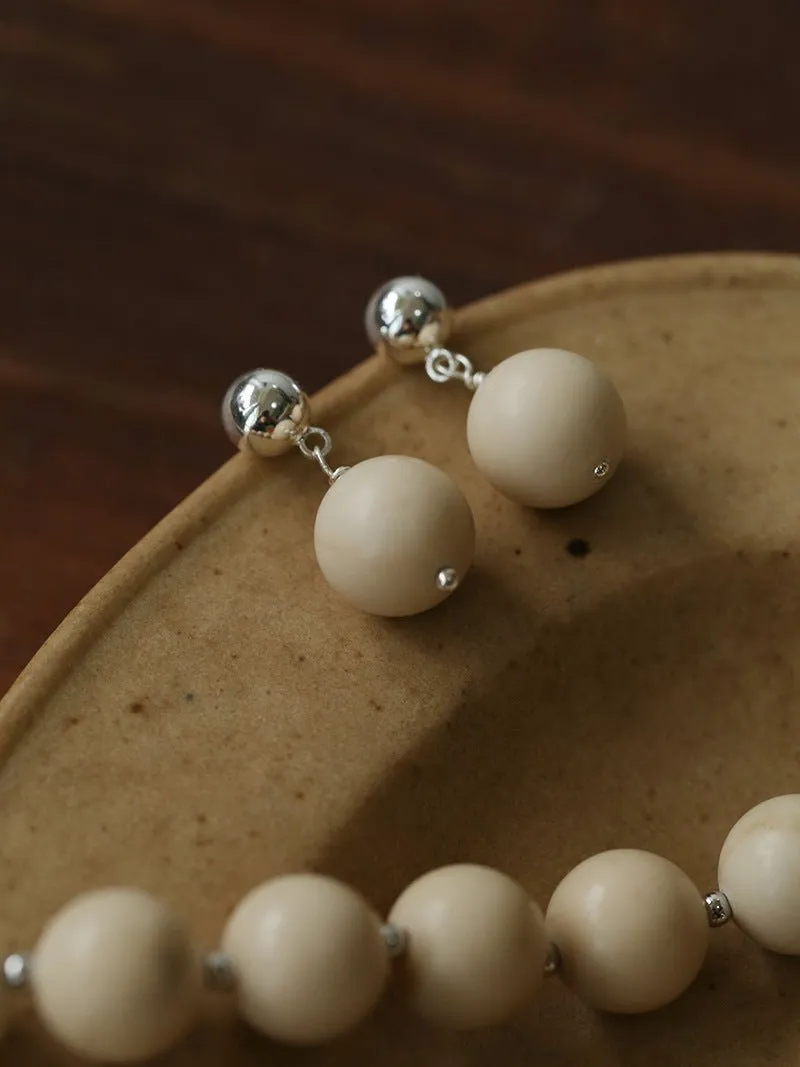 Silver Bead White Fossil Drop Earrings