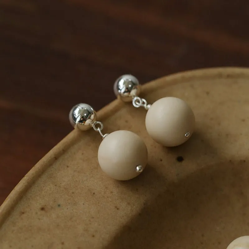 Silver Bead White Fossil Drop Earrings