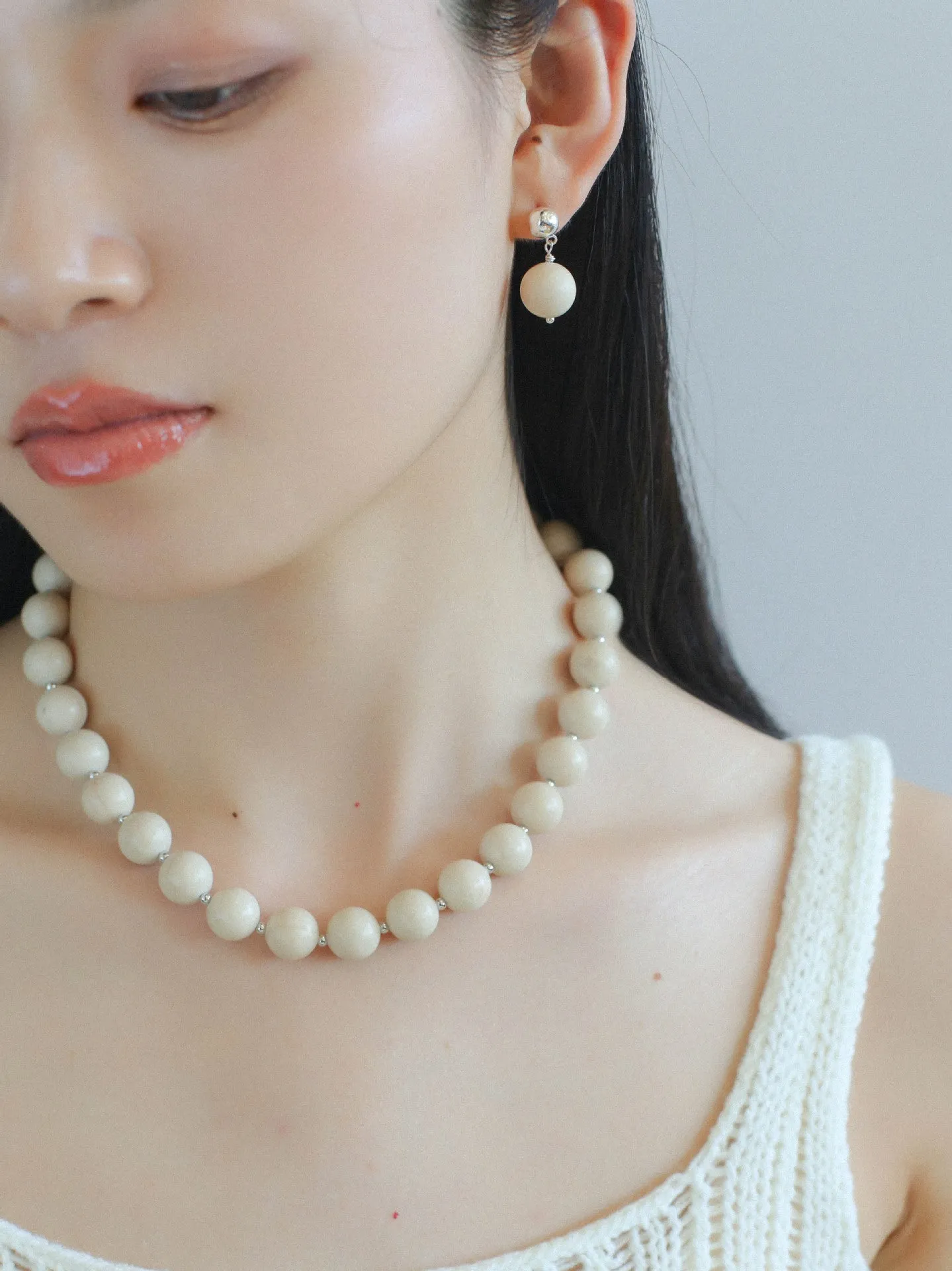 Silver Bead White Fossil Drop Earrings