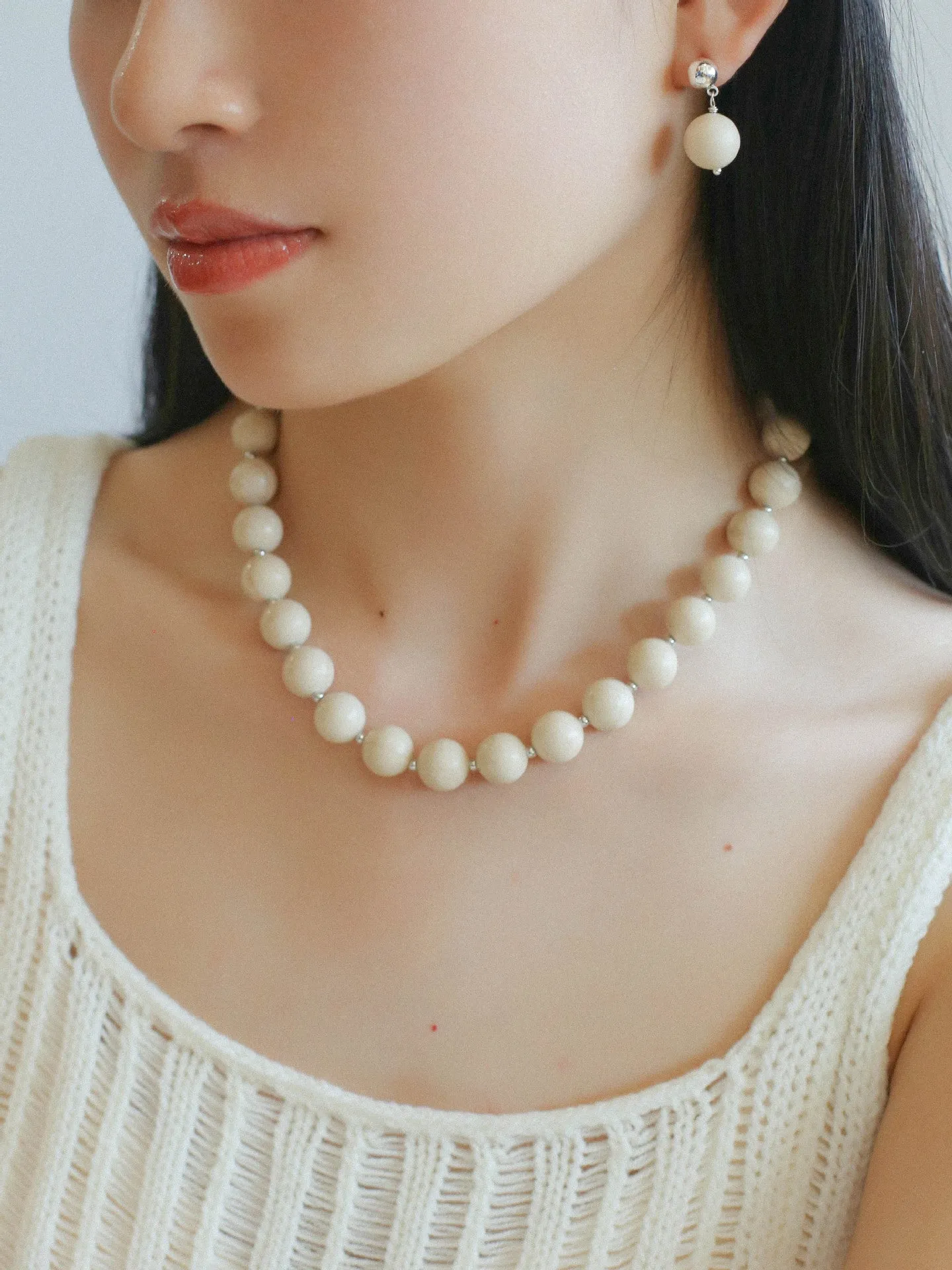 Silver Bead White Fossil Drop Earrings