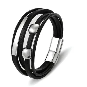 Silver Beads Black Leather Bracelet
