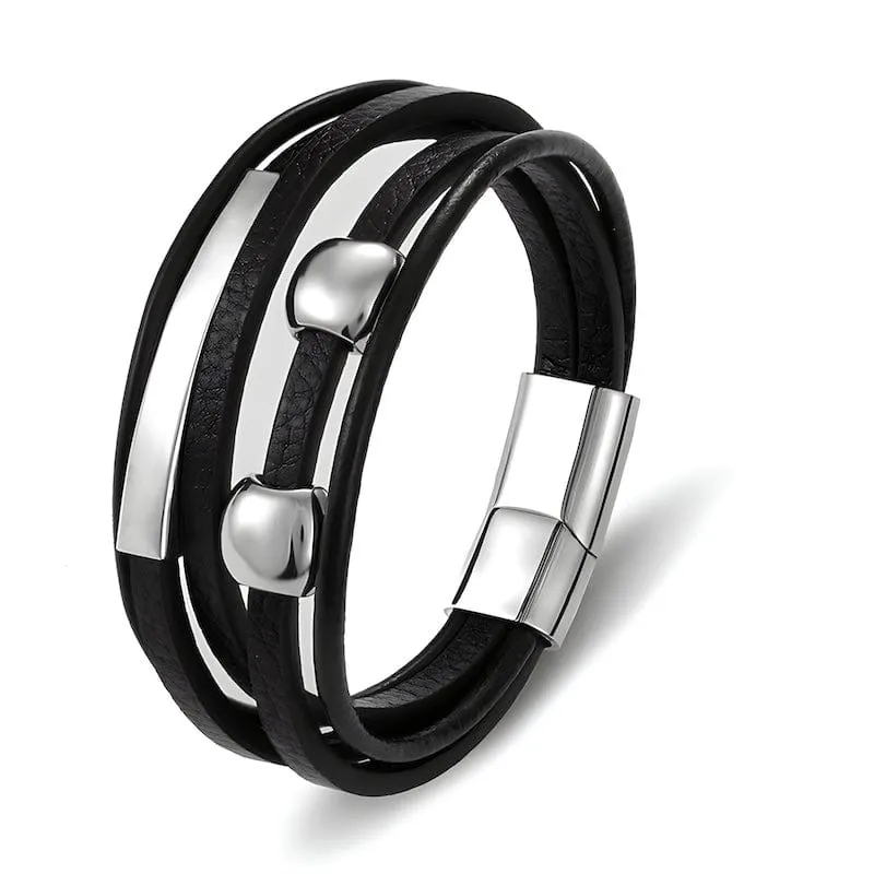 Silver Beads Black Leather Bracelet