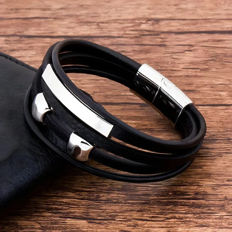 Silver Beads Black Leather Bracelet
