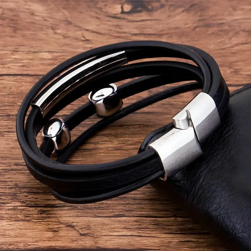 Silver Beads Black Leather Bracelet
