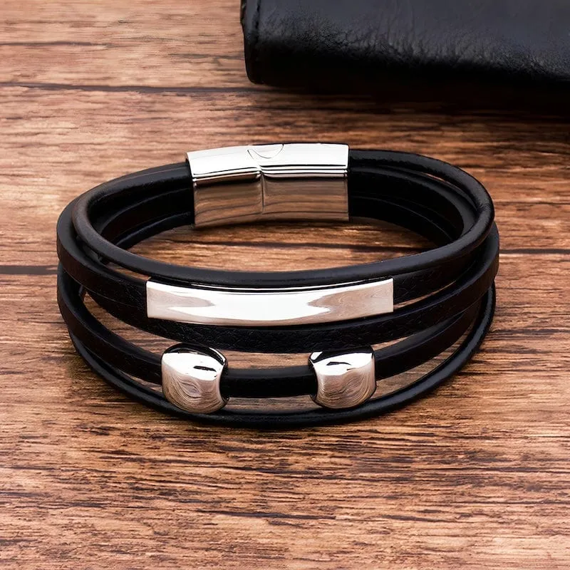 Silver Beads Black Leather Bracelet