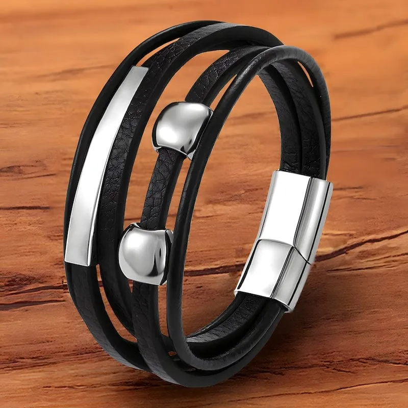 Silver Beads Black Leather Bracelet