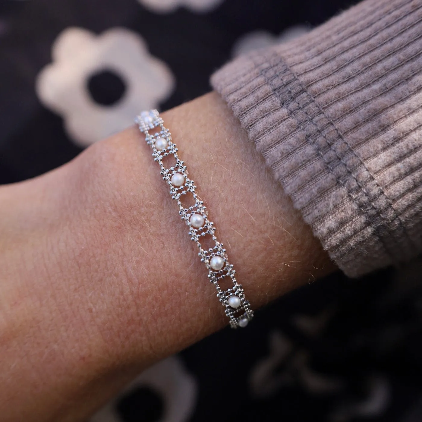 Sterling Silver Woven Ladder Pearl Bracelet