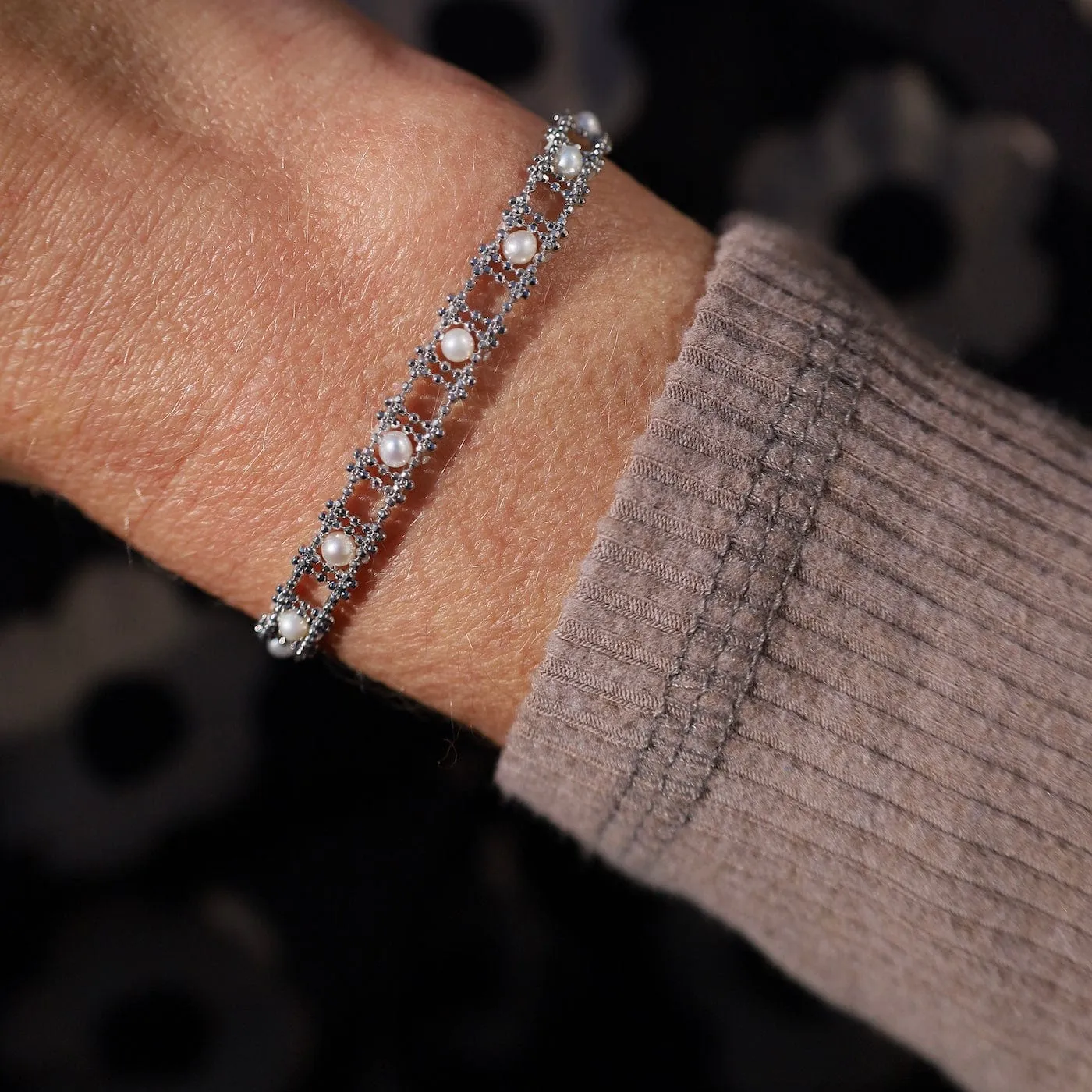 Sterling Silver Woven Ladder Pearl Bracelet