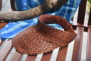 Straw rattan palm leaf sun visor with UV protection - dark tan color
